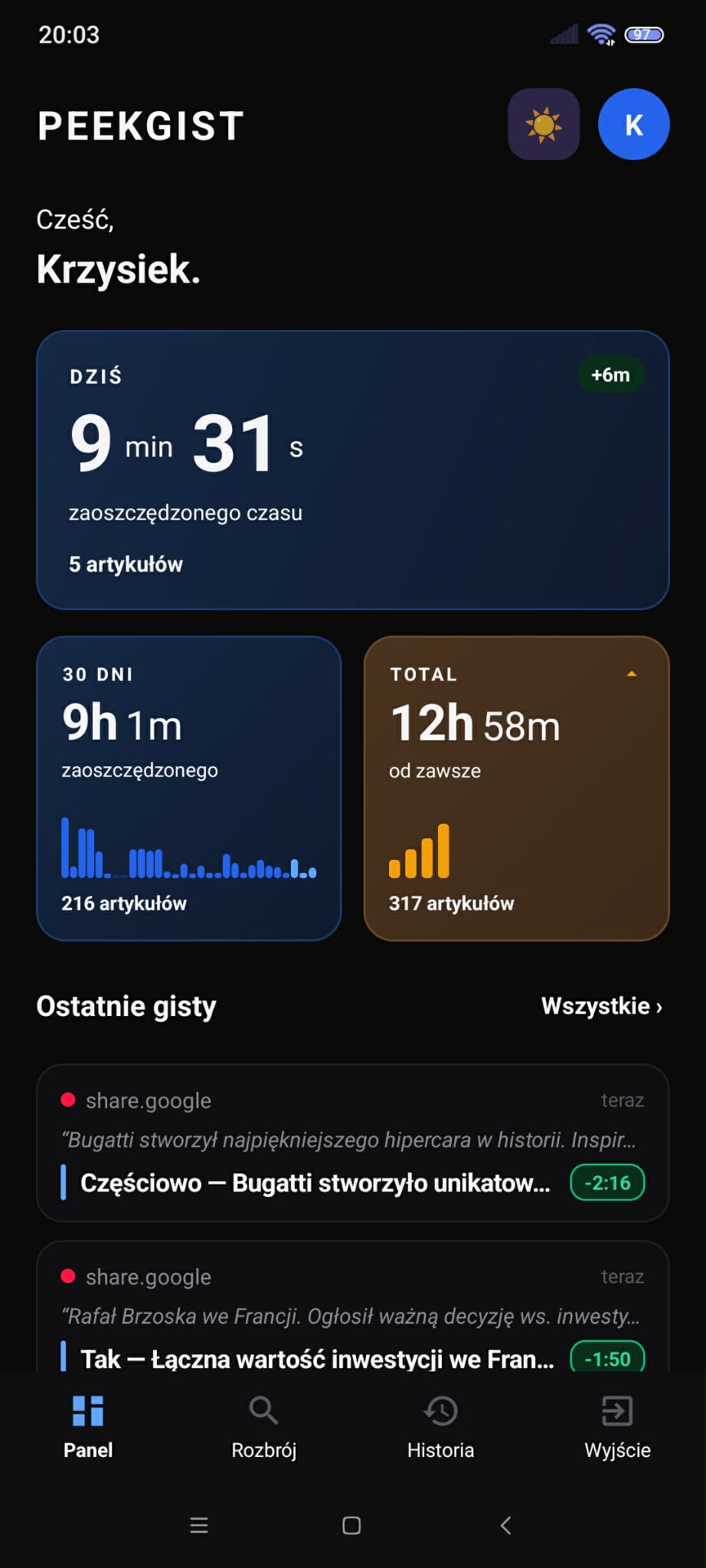 Panel użytkownika PeekGist — statystyki zaoszczędzonego czasu i historia gistów