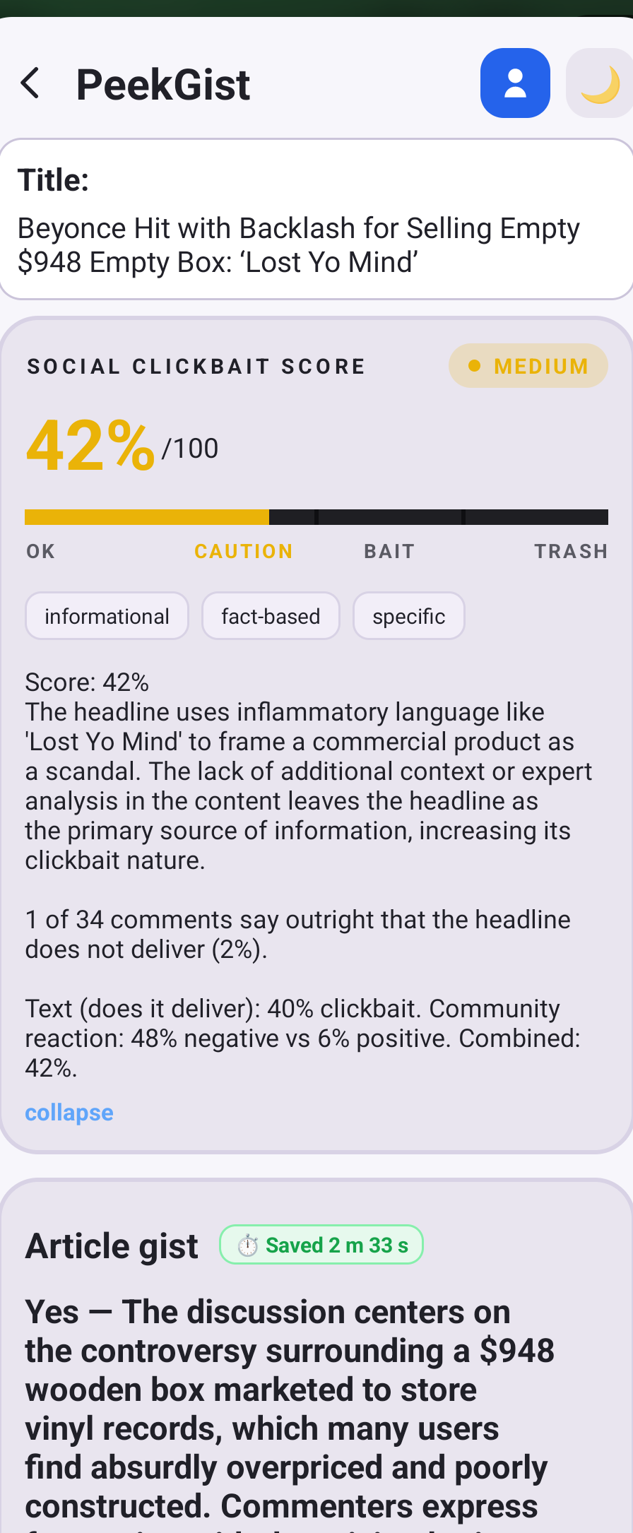 PeekGist — Social Clickbait Score 42/100 dla postu z Reddita