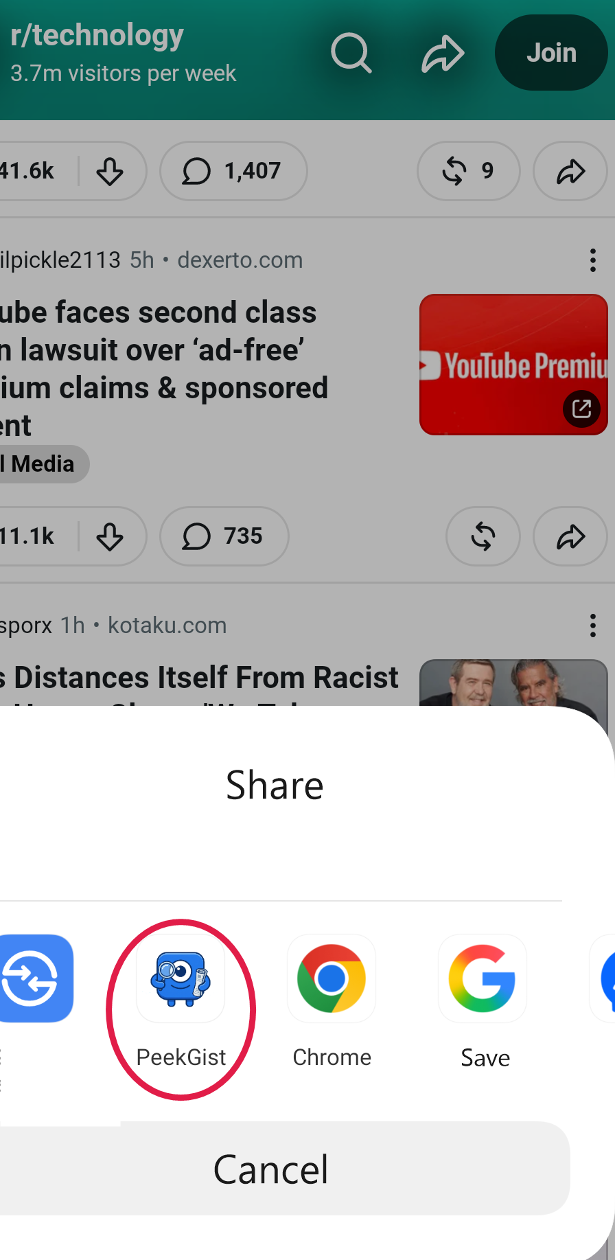Systemowe menu Udostępnij z zaznaczoną aplikacją PeekGist