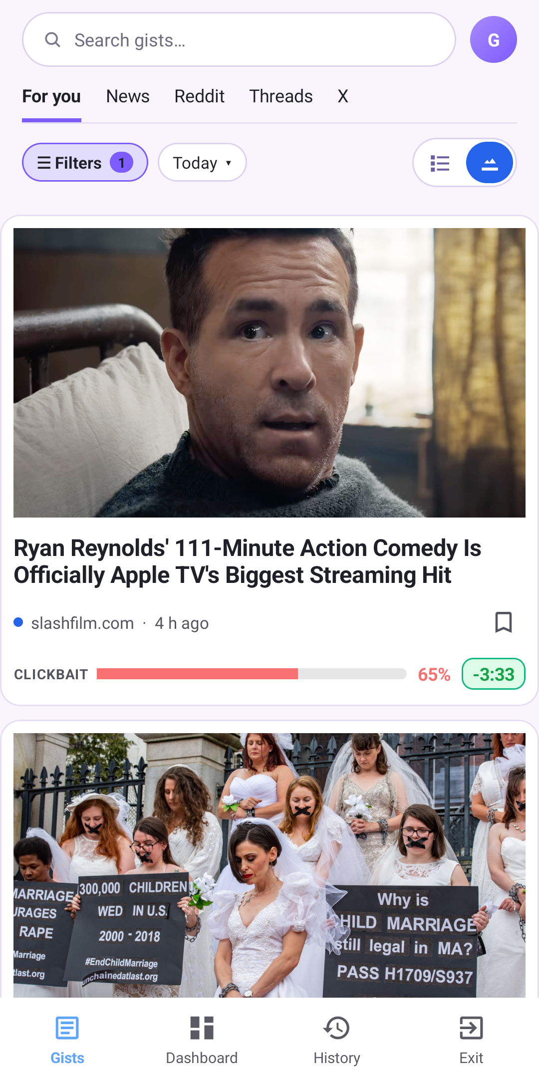 Feed PeekGist — karty artykułów z oceną clickbaitu i zaoszczędzonym czasem