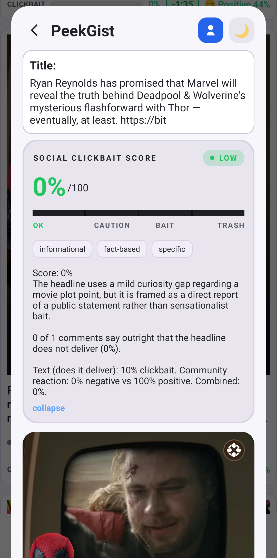 Social Clickbait Score w PeekGist z analizą reakcji społeczności
